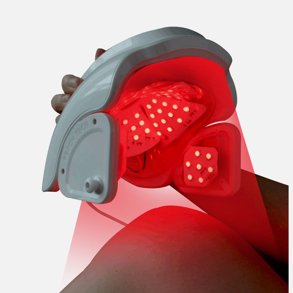 Healthnia near infrared red light therapy device used on knee for joint pain relief and improved blood circulation.