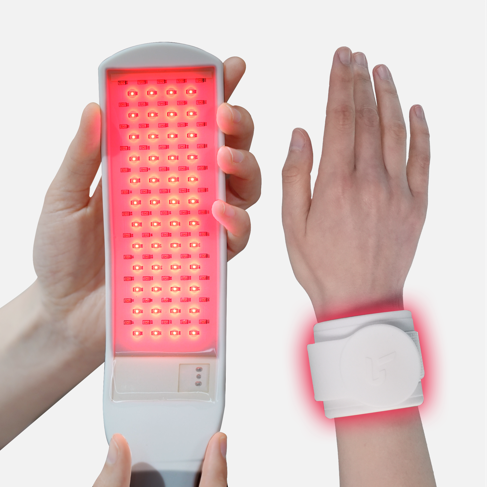 Salus red light therapy device applied to wrist for pain relief and recovery. It uses 660nm and 880nm near infrared light.