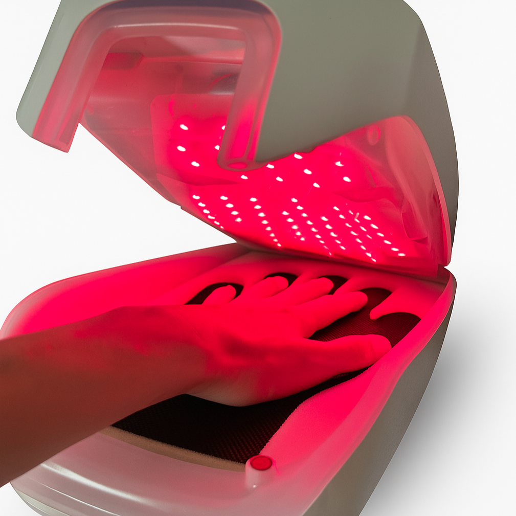 Healtlight near infrared therapy device for hands, softening rough and dry skin, providing salon-quality care at home.